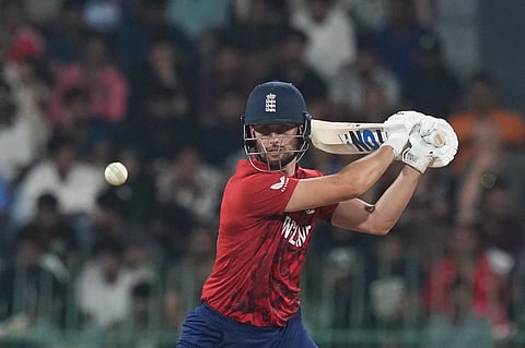 England's Will Jacks plays a shot during the T20 World Cup cricket match between England and New Zealand in Colombo.