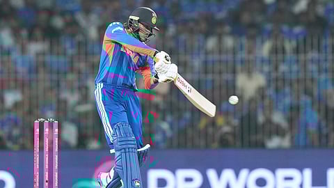 India's Abhishek Sharma plays a shot during the T20 World Cup cricket match between India and Zimbabwe in Chennai, India, Thursday, Feb. 26, 2026.