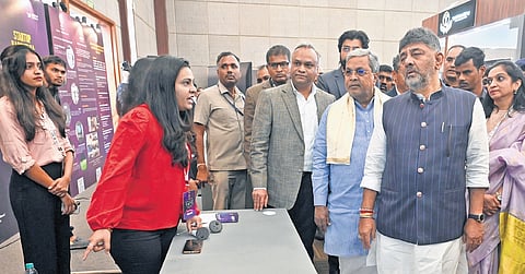 Chief Minister Siddaramaiah, Deputy CM DK Shivakumar and IT&BT Minister Priyank Kharge arrive for the inauguration of GAFX Summit 2026 at Hotel Lalit Ashok in Bengaluru on Friday.