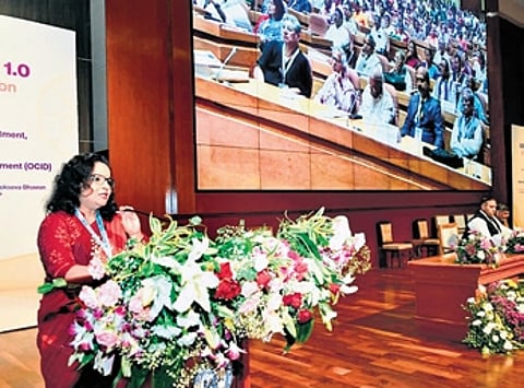 Chief secretary Anu Garg speaking at the Vikash Manthan 1.0 in Bhubaneswar on Friday