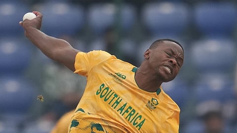 South Africa's Kagiso Rabada bowls a delivery during the T20 World Cup cricket match between South Africa and United Arab Emirates in New Delhi, India, Wednesday, Feb. 18, 2026.