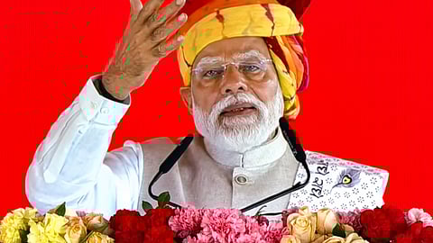 Prime Minister Narendra Modi addresses the gathering during the launch of various projects and a nationwide Human Papillomavirus (HPV) vaccination campaign for 14-year-old girls, in Ajmer, Rajasthan.