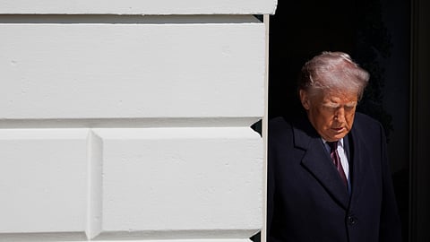 President Donald Trump walks out of the Diplomatic Reception Room to depart on Marine One from the South Lawn of the White House, Friday, Feb. 27, 2026, in Washington.