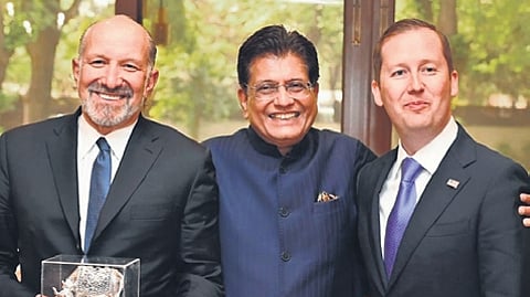 US Commerce Secretary Howard Lutnik and US Ambassador to India Sergio Gor with Commerce Minister Piyush Goyal in New Delhi.