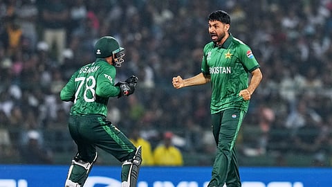 Pakistan's Abrar Ahmed, right, took three wickets in the T20 World Cup match between Pakistan and Sri Lanka in Pallekele.
