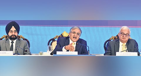 Chief Election Commissioner Gyanesh Kumar, election commissioners Vivek Joshi and Sukhbir Singh Sandhu talking to reporters in Chennai on Friday