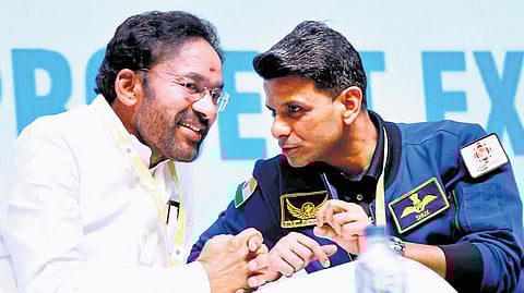 Astronaut Shubhanshu Shukla interacts with Union Minister G Kishan Reddy during the Vigyan Vaibhav programme at Gachibowli Indoor Stadium on Saturday