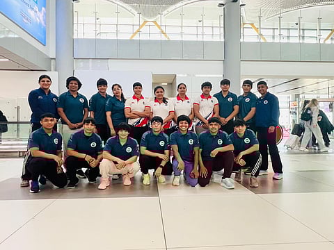 Group photo of women wrestlers before taking off for Tirana, Albania