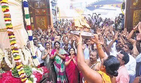 Temple tantri and co-priests perform rituals as part of ‘kodiyettu’ ceremony