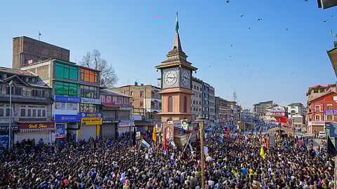 Shiite Muslims mourn the killing of Iranian Supreme Leader Ayatollah Ali Khamenei during a protest against the US and Israel in Srinagar, Kashmir, Sunday, March 1, 2026.
