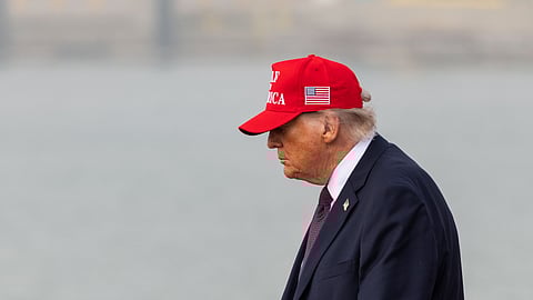 President Donald Trump leaves the stage after speaking at the Port of Corpus Christi in Corpus Christi, Texas, Friday, Feb. 27, 2026.