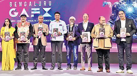 IT & BT Minister Priyank Kharge and Minister for Higher Education Dr M C Sudhakar at the Bengaluru GAFX 2026 valedictory event in Bengaluru on Sunday