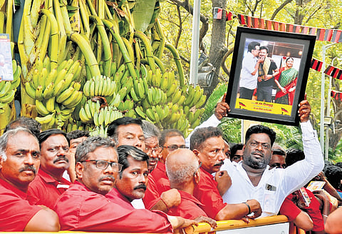 DMK functionaries and cadre outside Anna Arivalayam in Chennai to celebrate the birthday of Chief Minister MK Stalin
