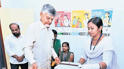 Chief Minister N Chandrababu Naidu launches the HPV vaccination drive at the CHC in Cheepurupalli of Vizianagaram district on Saturday