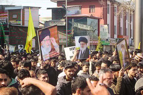 Protests in Kashmir over killing of Khamenei.