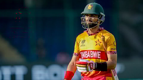 Zimbabwe's captain Sikandar Raza walks off the field after his dismissal.