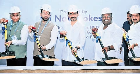 IT Minister Nara Lokesh performs the groundbreaking ceremony for Blue Jet Healthcare’s `2,300 crore greenfield pharmaceutical unit at Rambilli