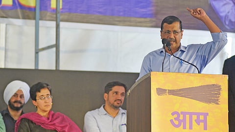 AAP national convener Arvind Kejriwal during the protest in a gathering at Jantar Mantar, in New Delhi, on Sunday, 01.03 2026.