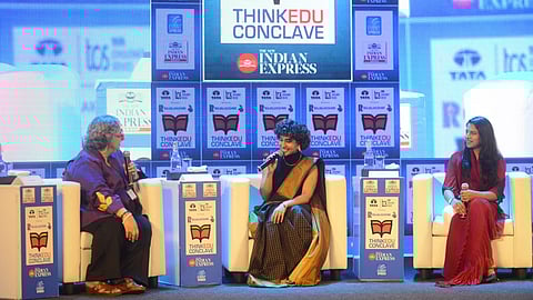 Singer Kavya Ajit (middle) and international Silambam champion Aishwarya Manivannan (right) attending a session at the 14th ThinkEdu Conclave in Chennai.