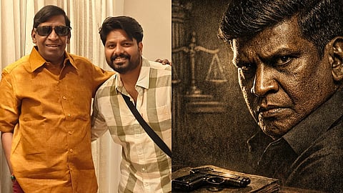 (L to R) Vadivelu, A B Binil, Poster of Pormuzhakkam