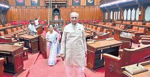 Council Chairman Basavaraj Horatti inspects preparations for the upcoming Budget session, at Vidhana Soudha on Monday.
