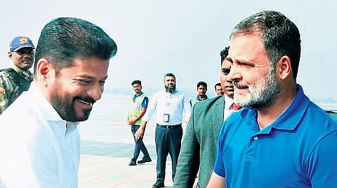 Chief Minister A Revanth Reddy greets Leader of Opposition in Lok Sabha Rahul Gandhi on his arrival in Hyderabad to attend a party programme in Vikarabad on Monday
