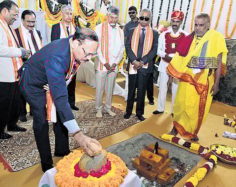 CJI Justice Surya Kant along with AP HC CJ Justice Dheeraj Singh Thakur and CM Nara Chandrababu Naidu, laid foundation for the HC Guest House in Amaravati
