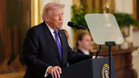 President Donald Trump speaking before participating in a Medal of Honor ceremony in the East Room of the White House, Monday, March 2, 2026, in Washington.