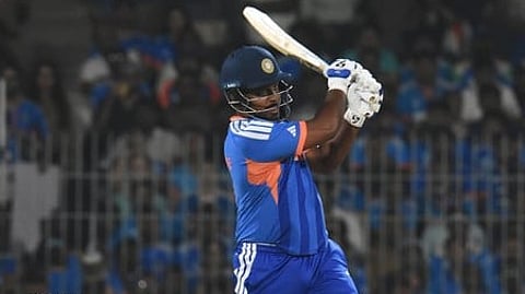 Sanju Samson plays a shot against Zimbabwe in the ICC T20 World Cup 2026.