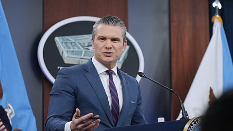 Defense Secretary Pete Hegseth speaks during a press briefing at the Pentagon, Monday, March 2, 2026, in Washington