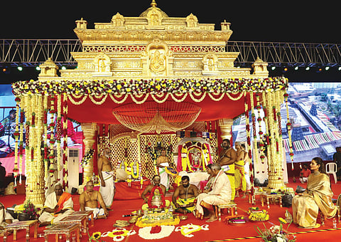 The celestial wedding of Lord Sri Bhu Sametha Sri Venkateswara Swamy celebrated with devotion in Vuyyuru of Krishna district on Sunday.