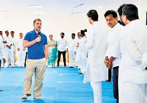 Leader of the Opposition in the Lok Sabha Rahul Gandhi addresses District Congress Committee (DCC) presidents in Vikarabad on Monday