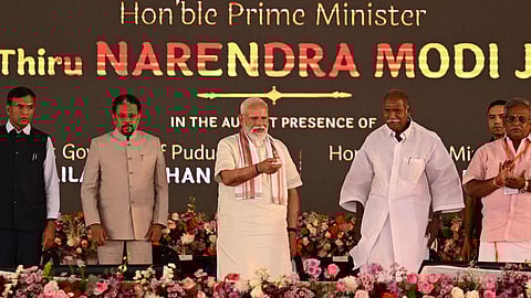 Prime Minister Narendra Modi inaugurating projects in the presence of Puducherry Lieutenant-Governor K. Kailashnathan and Chief Minister N. Rangasamy on Sunday (March 1, 2026).