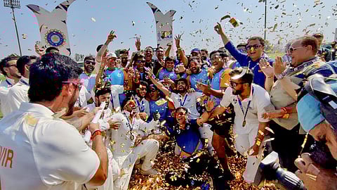 J&K celebrate after winning the Ranji Trophy 2025-26 after defeating Karnataka in Hubbali on Saturday