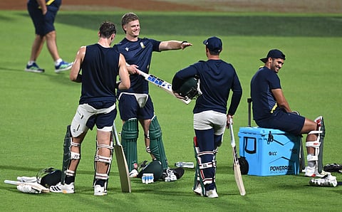 South Africa players take part in a training session at the Eden Garden in Kolkata on Tuesday