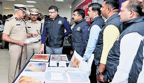 City Police Commissioner Seemanth Kumar Singh inspects various drugs and LSD strips seized in recent operations at Police Commissioner’s Office on Tuesday