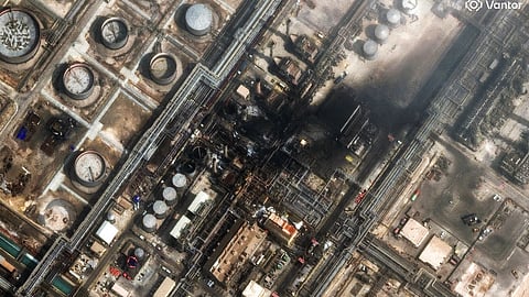 This satellite image provided by Vantor shows damage after a drone attack at the Ras Tanura oil refinery in Saudi Arabia on Monday, March 2, 2026.