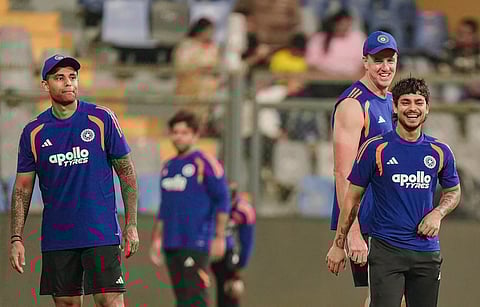Suryakumar Yadav (L) during a practice session in Mumbai on Tuesday