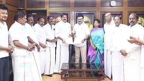 Tamil Nadu Chief Minister MK Stalin and DMDK treasurer LK Sudhish pose along with their respective party leaders at the DMK headquarters in Chennai on March 3, 2026.