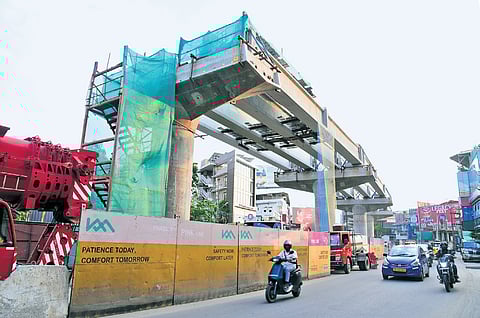 The deck slab construction work for Phase 2 of the Kochi Metro under way at Padivattom