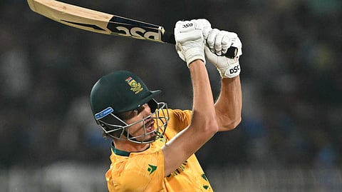 South Africa's Marco Jansen plays a shot during the 2026 ICC Men's T20 Cricket World Cup semi-final match between New Zealand and South Africa at the Eden Gardens in Kolkata.