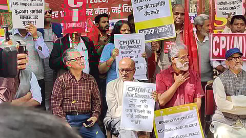 Left parties protesting at the Jantar Mantar against the US-Israel attack on Iran and the killing of Ayatollah Ali Khamenei, the Supreme Leader of the Islamic Republic.
