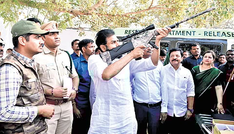Deputy Chief Minister Pawan Kalyan launches ‘HANUMAN’ at the APSP 6th Battalion Parade Grounds in Mangalagiri on Tuesday