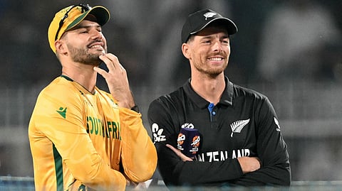 Captains Aiden Markram and Mitchell Santner at the toss on Wednesday