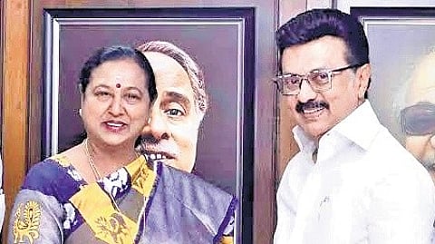DMDK leader Premalatha Vijayakant with CM MK Stalin.