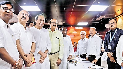 Santrupt Misra and Dr Datteswar Hota file their nominations for Rajya Sabha polls in presence of BJD chief Naveen Patnaik and OPCC president Bhakta Charan Das at State Assembly secretariat in Bhubaneswar on Thursday