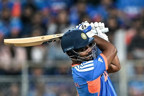 India's Sanju Samson plays a shot during the 2026 ICC Men's T20 Cricket World Cup semi-final match between India and England at the Wankhede Stadium in Mumbai.