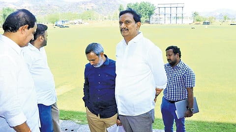 ACA President Kesineni Shivanth inspecting the stadium on Wednesday along with Secretary Sana Satish Babu, representatives, architects and engineers.