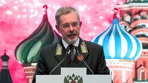 Russia's Ambassador to India Denis Alipov addresses an event at the Russian Embassy in New Delhi.