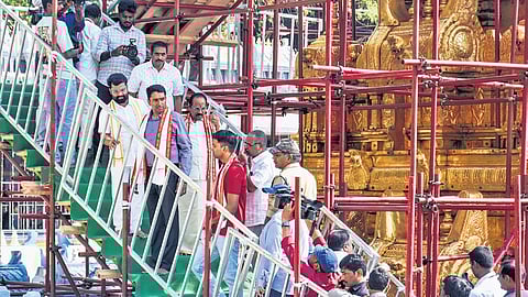 Durga temple chairman Borra Radha Krishna, EO Seena Naik and VMC chief Dhyanachandra inspecting the arrangements.